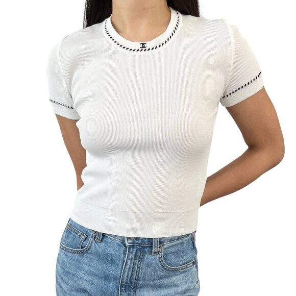 CHANEL Vintage 96P CC Rib Knit Top #38 Stitch Pullover White Black [105220] - Picture 1 of 10